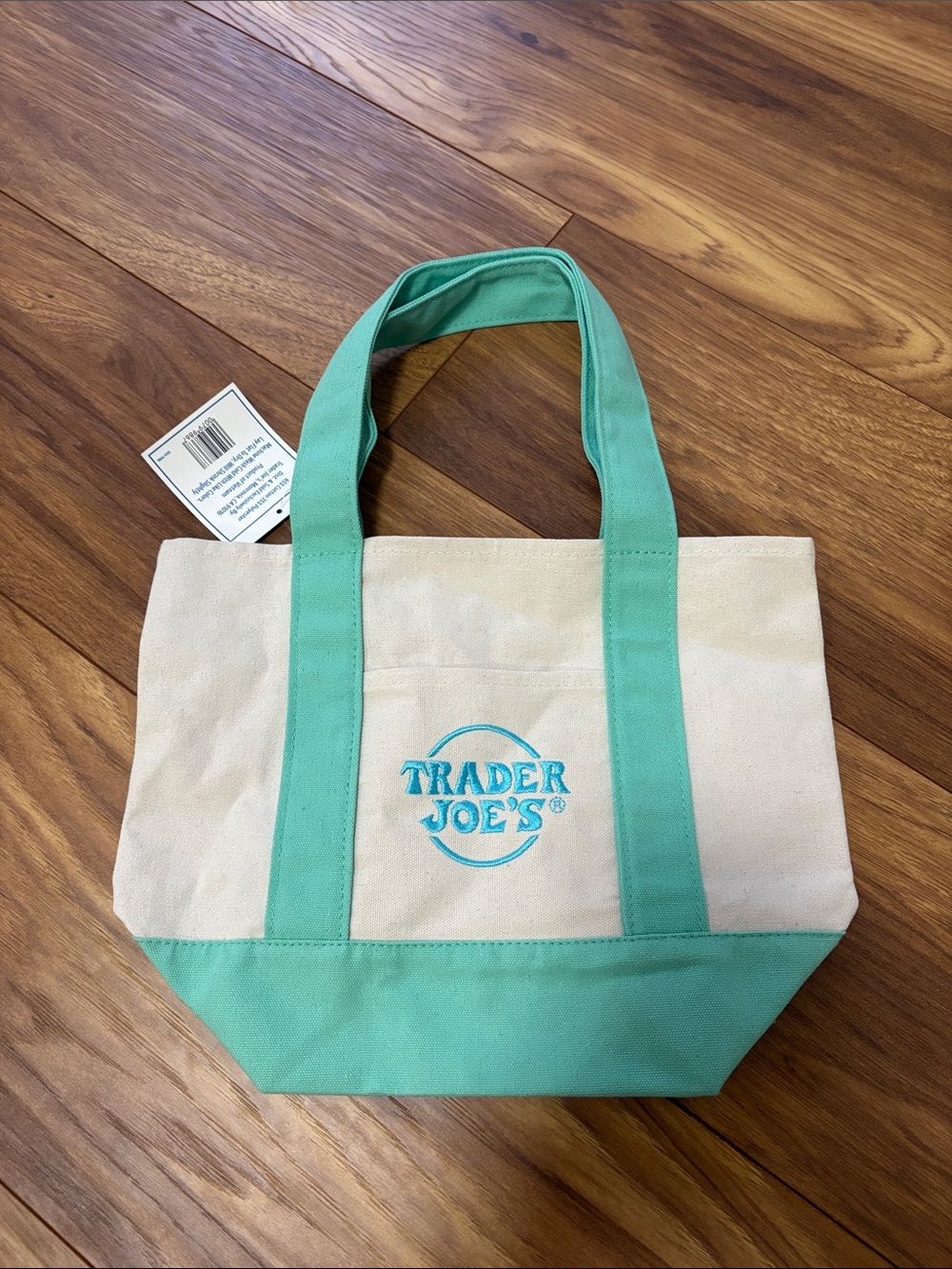 Trader Joe’s Mini Canvas Tote Bag Mint Green, Blue and Cream NWT - Picture 2 of 2